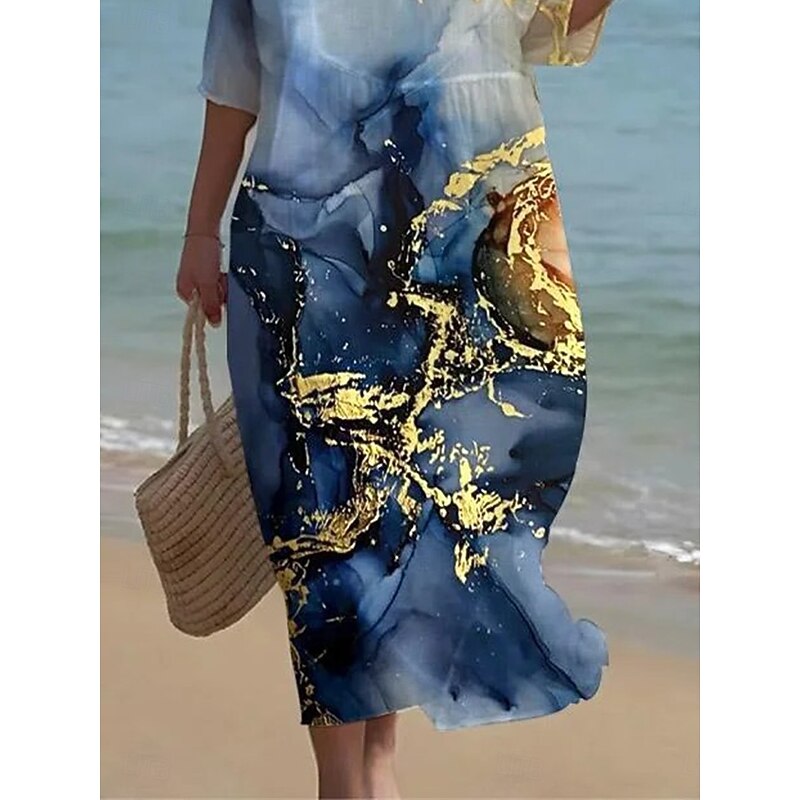 Women's Midi Dress Boho Neck Crew 3/4 Length SleeveBlue Shift Dress A Line Dress Casual Daily Date Loose Fit Floral Graphic3