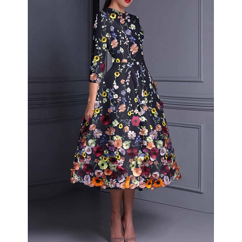 Floral Blue Black A-Line Cocktail Dresses Elegant Dress Formal Wedding Ankle Length Short Sleeve Crew Neck Pocket Satin Backless with Appliques 2025
