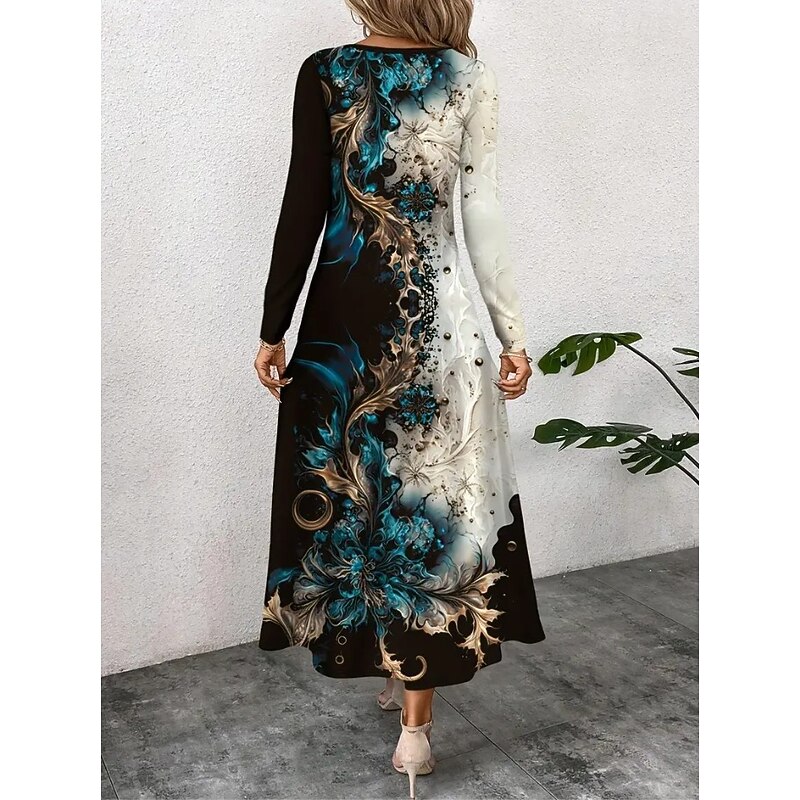 Women's Maxi Dress Sheath Dress T Shirt Dress Tee Dress Vacation Casual Boho Holiday Date Regular Fit Floral Graphic Geometric Long Sleeve Crew Neck Dark Blue Spring Fall Winter3