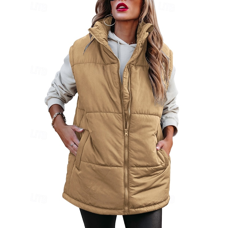 Women's Vest Warm Comfortable Zipper Pocket Fashion Plain Going out Weekend Zipper Regular Stand Collar Regular Fit Sleeveless Outerwear Black White Khaki Fall Winter2