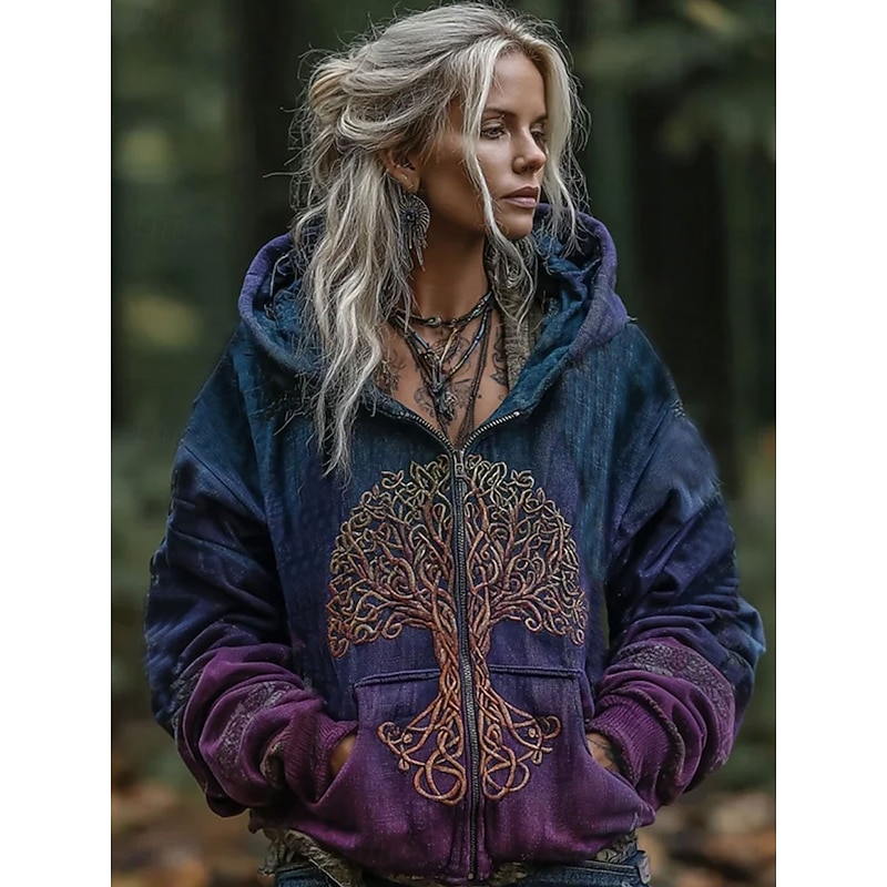 Women's 3D Print Vintage Boho Hoodie Patchwork Hoodie Sweatshirt Floral Zip Up s Graphic Tribal Fashion Casual Long Sleeve Hooded Regular Tops Street Dailywear Zipper Pocket Print Blue Spring Fall