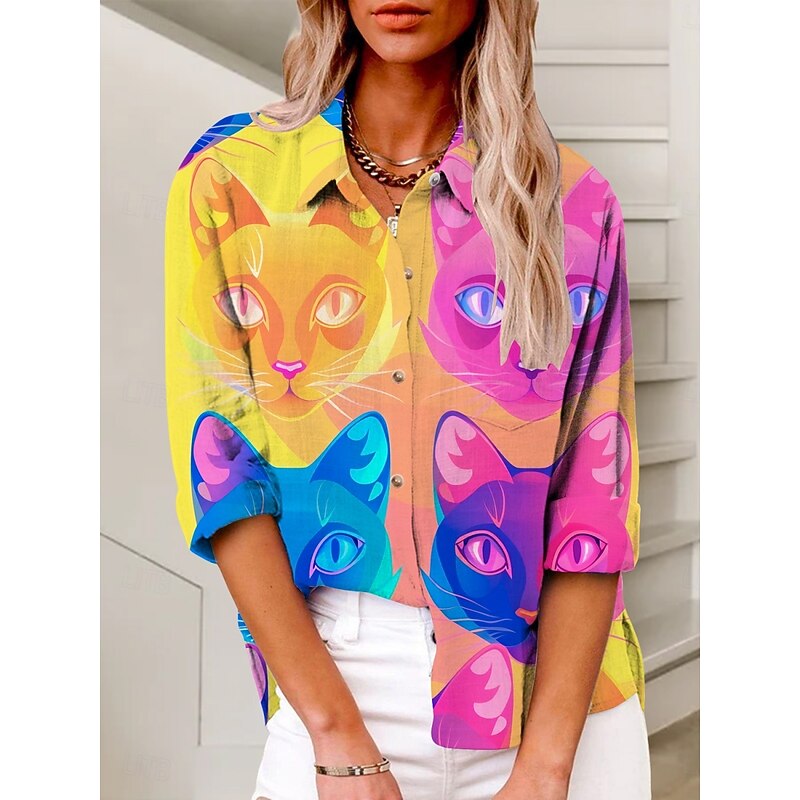 Women's Shirt Cat Active Daily Stylish Long Sleeve Shirt Collar Regular Tops Daily Holiday Buttons Print Rainbow Summer Spring Fall