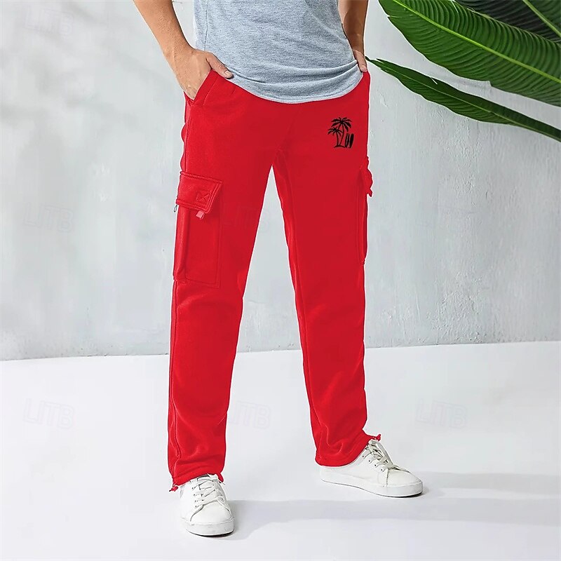 Men's Sweatpants Trousers Cargo Sweatpants Straight Leg Sweatpants Drawstring Elastic Waist Multi Pocket Coconut Tree Comfort Sports Outdoor Daily Fashion Casual Black Red Micro-elastic4