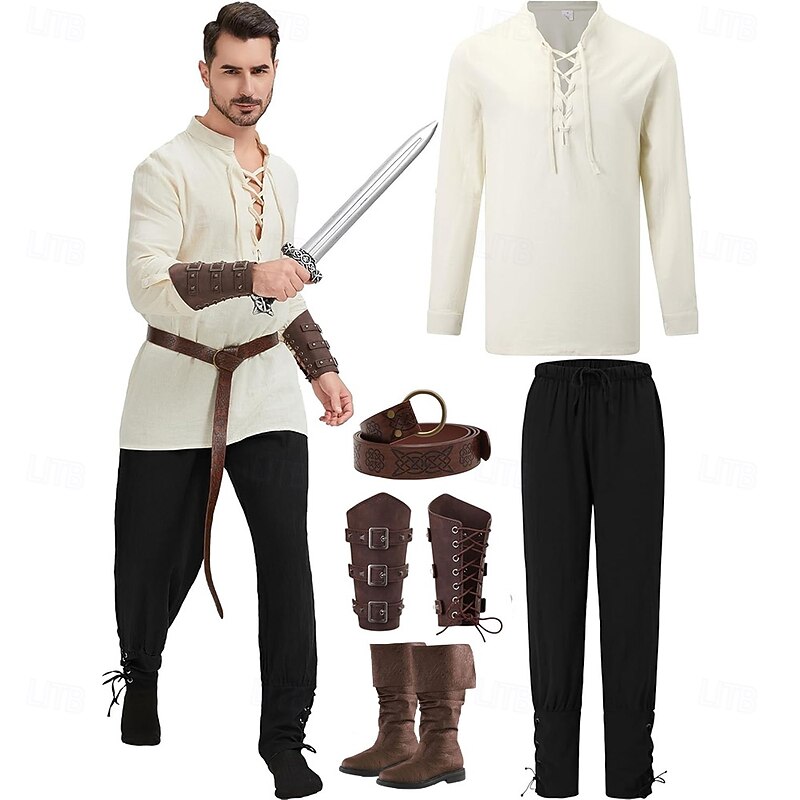 Retro Vintage Medieval 17th Century Blouse / Shirt Boots Waist Belt Pirate Viking Elven Fancy Dress Men's Pirate Halloween Masquerade Renaissance Fair Ren Faire Adults' Shirt Pants Belt