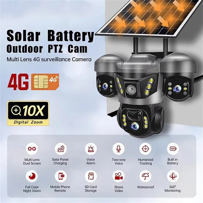 Solar Camera Three Lens Two-Way Audio Outdoor IP66 Waterproof Built-in Battery Security CCTV 6K HD 4G Network Camera3