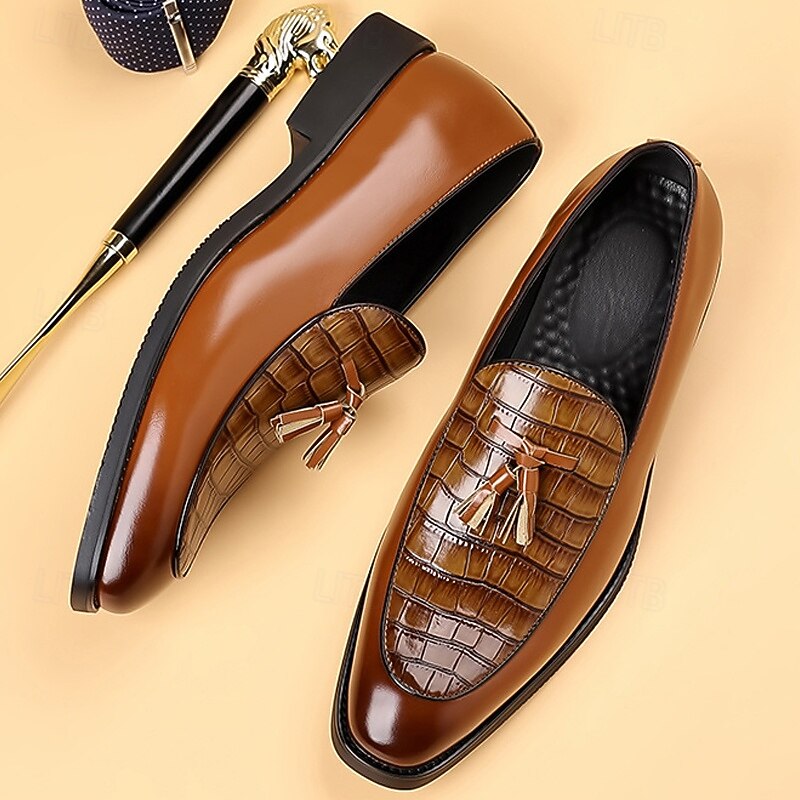 Men's Brown Crocodile Pattern Tassel Loafers – Polished Slip-On Dress Shoes for Business Meetings, Weddings and Formal Events4