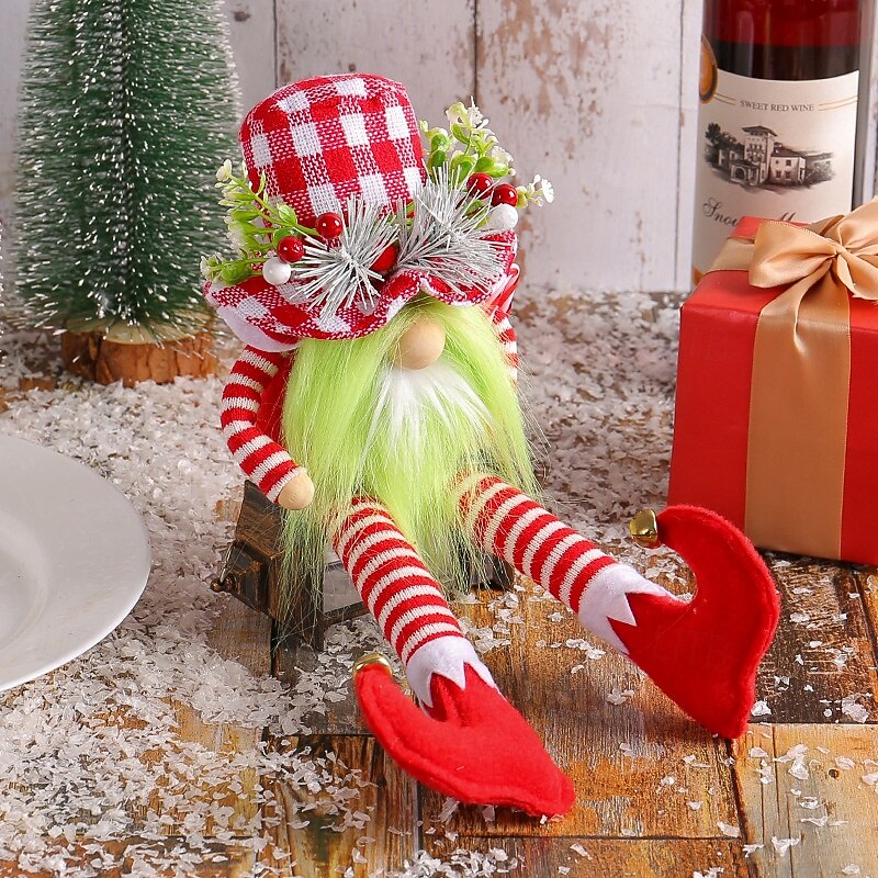 Christmas Cute Long Leg Doll with Green Beard Red White Plaid Hat No Face Plush Home Decoration Festive Holiday Figurine Gift Idea