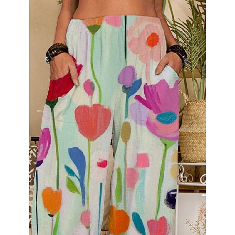 Women's Chinos Pants Trousers Active Fashion Long High Waist Floral Pocket Elastic Waist Printing Breathability Soft Micro-elastic Vacation Street Daily Wear Pink Red Spring Fall Regular Fit2