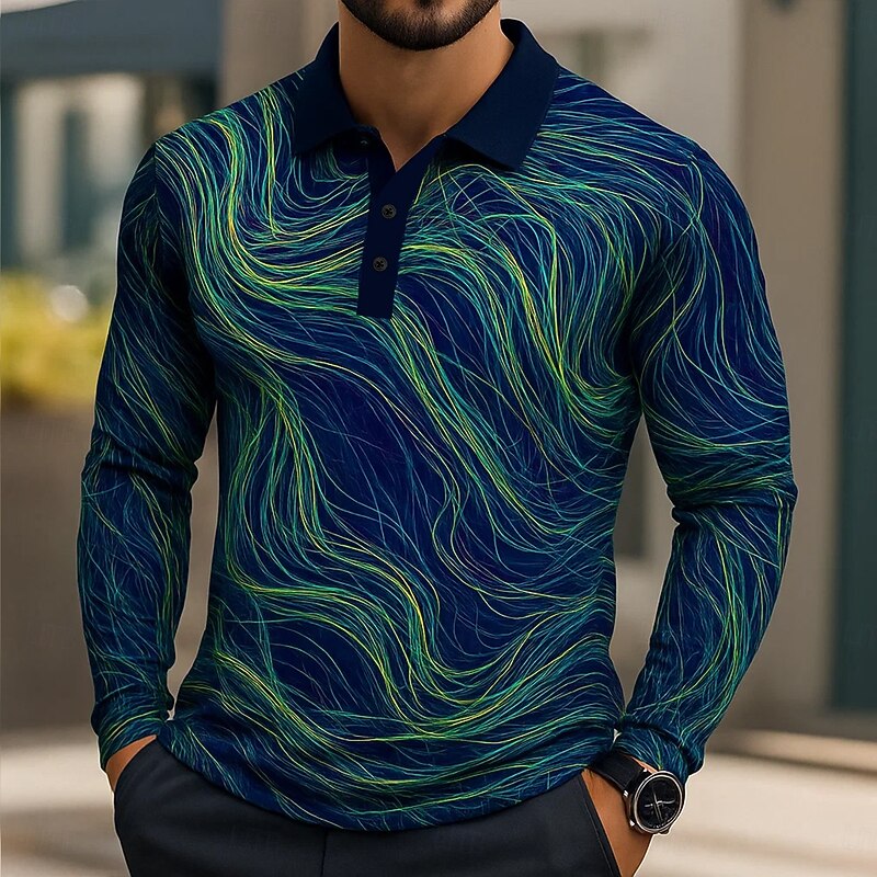 Men's Geometic Line Polo Long Sleeve Polo Shirts Lapel Business Casual Athleisure Daily Wear 3D Print Buttons Spring Fall Winter Black Purple Green2