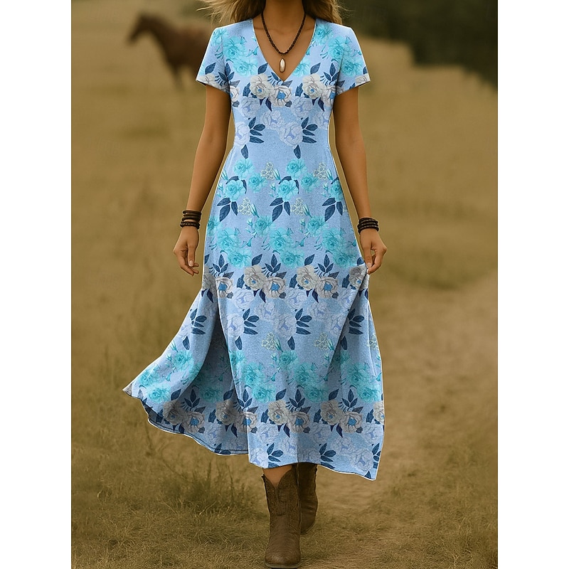 Halloween Women's Midi Dress Casual Dress A Line Dress Summer Dress Elegant Vacation Casual Beach Regular Fit Floral Graphic Short Sleeve V Neck Pink Blue Orange Green Summer Spring2