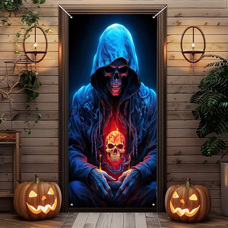 Halloween Door Cover Outdoor Banners Skeleton Grim Reaper Fantasy Psychedelic Dark Punk Gothic Style Party Outdoor Shooting Backgrounds Front Door Wall Porch Home Decor2