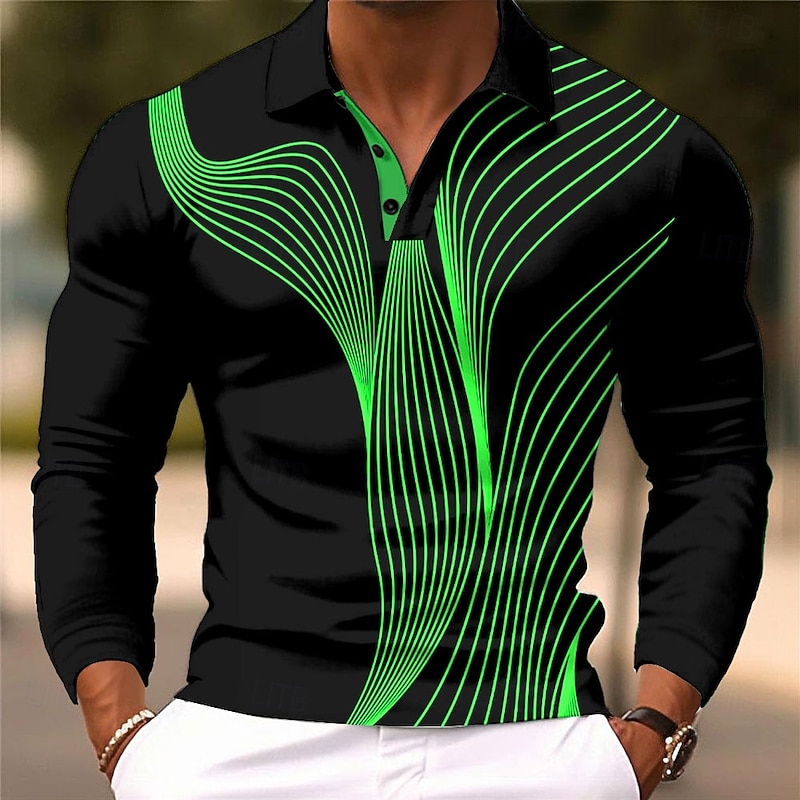 Men's Geometric Line Polo Long Sleeve Polo Shirts Lapel Casual Athleisure Daily Wear 3D Print Buttons Spring Fall Winter Black Blue Orange3