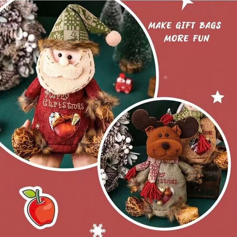 3pcs Christmas Gift Bags Zipper Design,Santa Claus & Reindeer Candy Bags, Apple Gift Bags for Christmas Eve, Holiday Party Decorations2