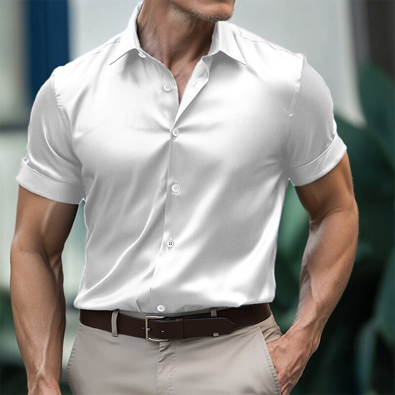 Men's Shirt Silk Like Satin Shirt Summer Shirt Dress Shirt Button Up Shirt Plain Formal Vacation White Blue Green Short Sleeve Lapel Summer All Seasons Clothing Apparel Plain