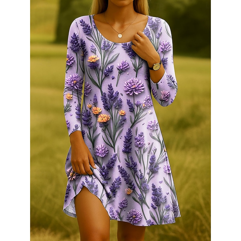 Women's Mini Dress Crew Neck Long Sleeve Casual Dress T Shirt Dress Tee Dress A Line Dress Casual Regular Fit Floral Graphic Scoop Neck Black Blue Purple Green Spring Fall Winter