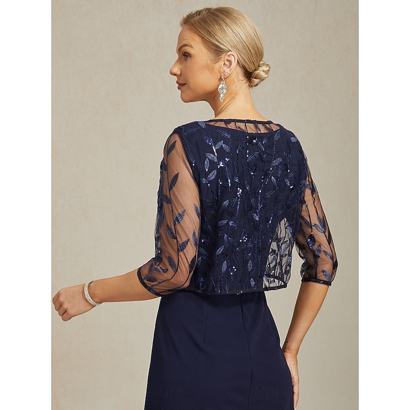 Women's Jacket Blazer Lace Embroidered Sequin Elegant Floral Formal Anniversary Party Wedding Guest Open Front Short Crewneck Regular Fit 3/4 Length Sleeve Outerwear Navy Blue Spring Fall2