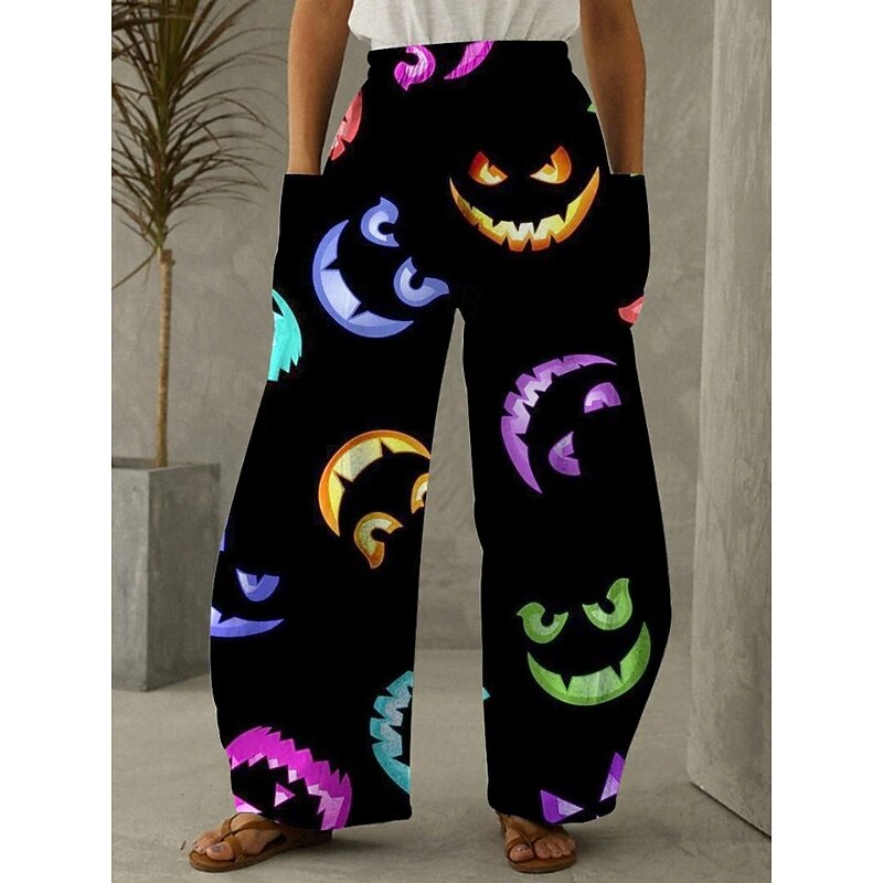 Women's Wide Leg Chinos Vacation Vintage Ethnic Style Full Length Mid WaistPantsHalloween Pumpkin Halloween Comfy Inelastic Vacation Street Causal Violet Black Yellow Orange Spring Fall Winter