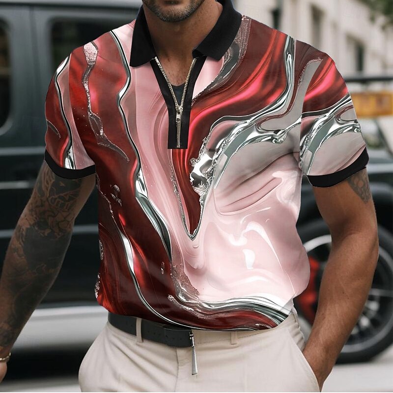 Men's Marble Zip Polo Shirts Short Sleeve Polo Shirts Collared Shirts Casual Athleisure Daily Wear 3D Print Summer Red Blue Green3