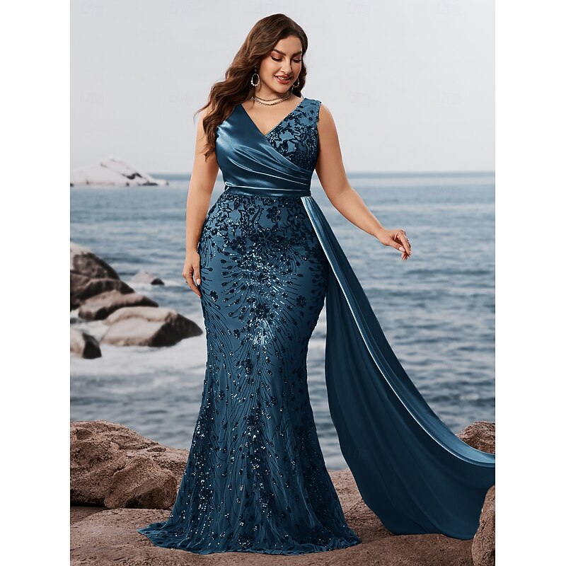 Mermaid / Trumpet Evening Gown Sparkle Formal Dress Wear Long Length Sleeveless V Neck Capes Sequined V Back with Sequin3