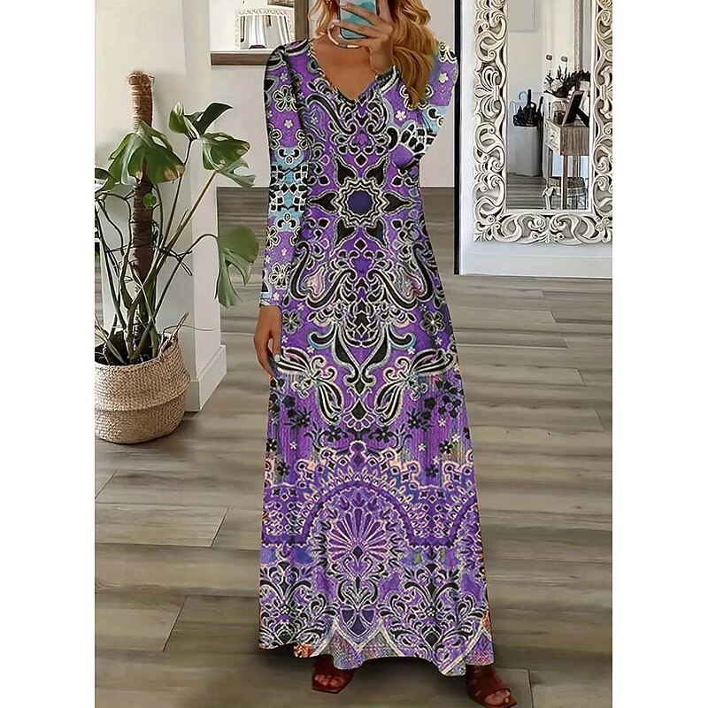 Women's Maxi Dress Sheath Dress Party Casual Boho Daily Date Going out Regular Fit Graphic Paisley Long Sleeve V Neck Pink Purple Orange Green Spring Fall Winter Autumn3