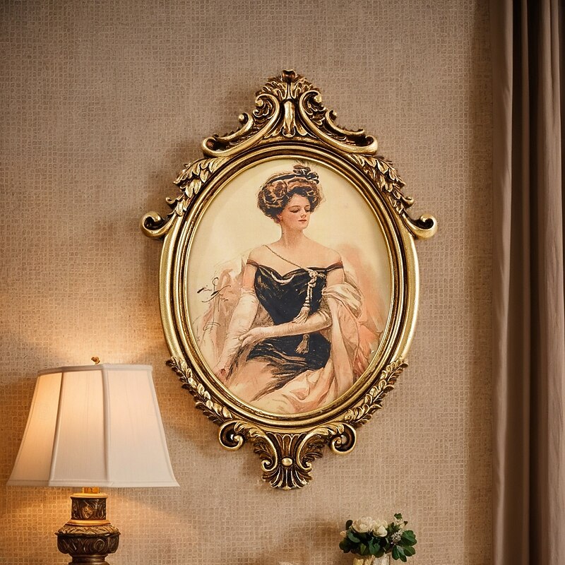 Vintage Lady Resin Photo Frame – Golden Decorative Picture Frame for Home Wall or Tabletop Display, Elegant Art-Inspired Hanging Ornament