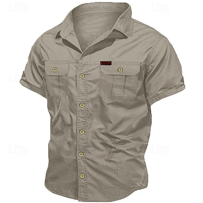 Men's Shirt Workwear Shirts Casual Shirt Work Shirt Button Up Shirt Cargo Shirt Black Navy Blue khaki Army Green Beige Short Sleeve Plain Turndown Vacation Going out Button-Down Clothing Apparel 1003