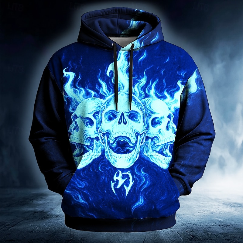 Halloween Men's Skull 3D Hoodie Sweatshirt Punk Exaggerated Long Sleeve Crew Neck Club Streetwear Red Blue Drawstring Fall Winter Designer2