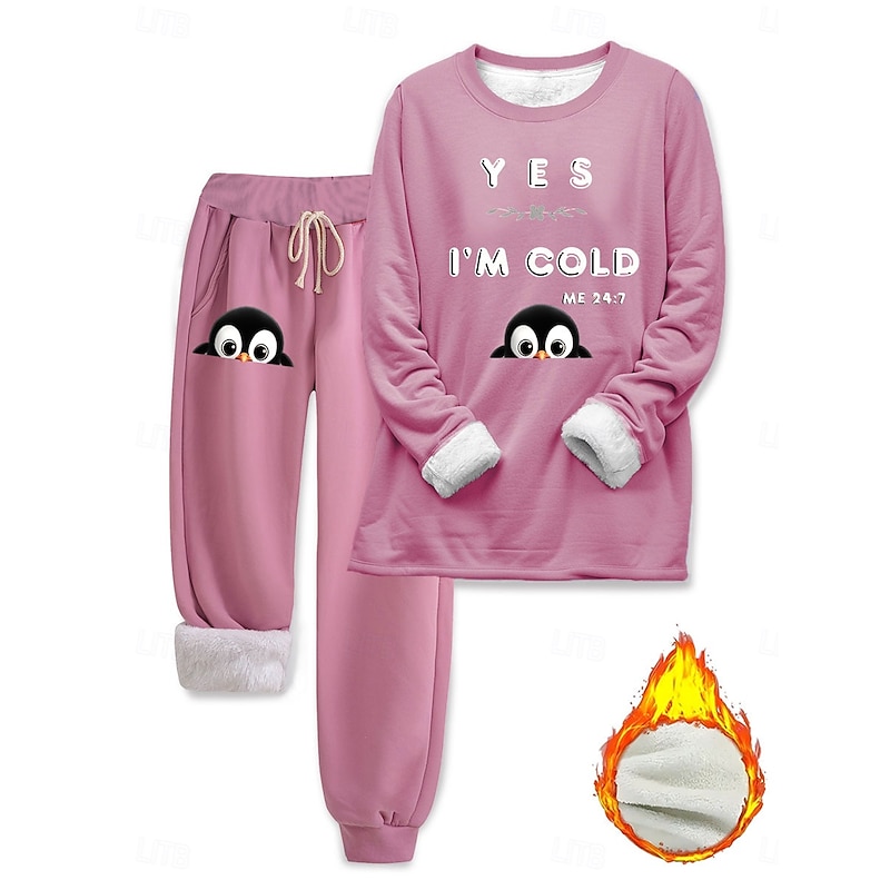 Women's Pajamas Set Fleece Lined Elegant Warm Fashion Two Piece Sets Tracksuit Pants Sets Long Sleeve Crew Neck Round Neck Graphic Animal Letter Print Outdoor Vacation Daily Pink Dark Pink Blue