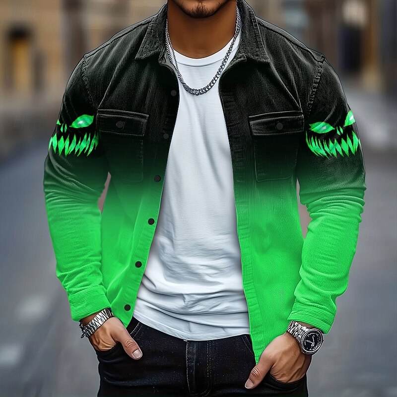Halloween Men's Pumpkin Halloween Costumes Corduroy Shirt Shirt Jacket Overshirt Long Sleeve Dark Gothic Style Holiday Fall Winter Turndown Button-Down Warm Jacket with Flap Pockets Blue Purple4