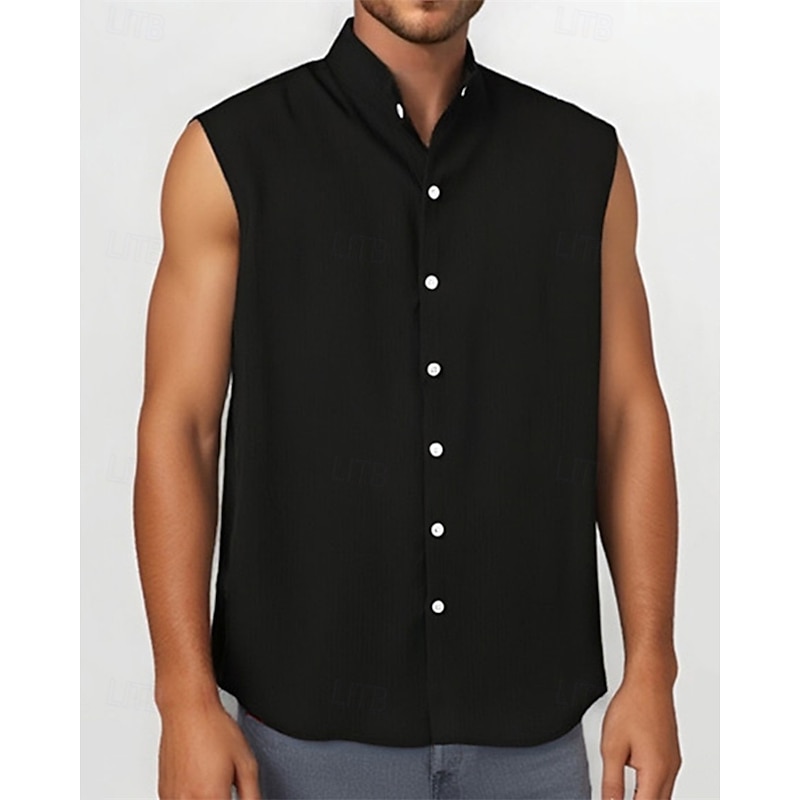Men's Shirt Summer Shirt Casual Shirt Beach Shirt Button Up Shirt Black Light Green Pink Red Green Sleeveless Plain Band Collar Vacation Hawaiian Clothing Apparel Polyester Fashion Casual Comfortable3