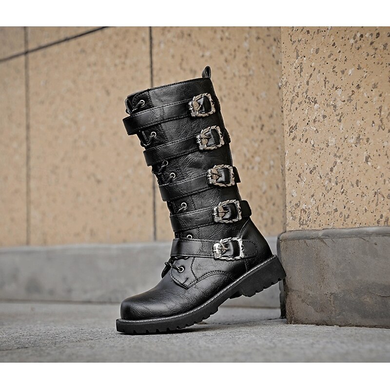 Men's  Knee High Boots with Multi Buckle Straps and Lace-Up Design - Gothic Punk Combat Style Footwear for Urban Casual Wear and Street Fashion3