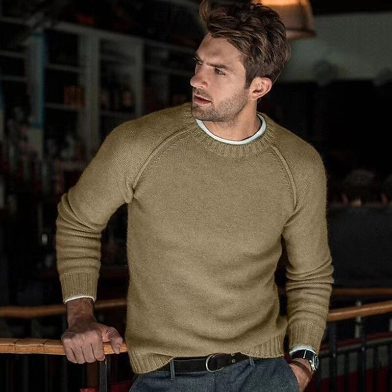 Men's Sweater Pullover Sweater Jumper Ribbed Knit Regular Tops Knitted Slim Fit Plain Crew Neck Knitwear Contemporary Casual Daily Wear Clothing Apparel Fall Camel Black S M L2