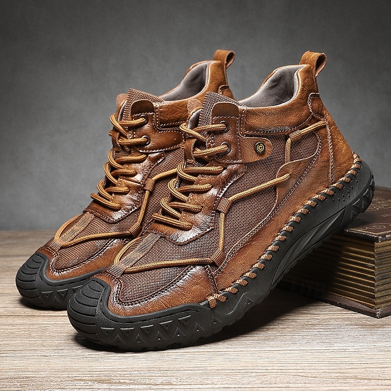 Men's Brown Leather High-Top Casual Sneakers with Stitch Detailing and Durable Rubber Sole – Fashion Comfort Shoes for Outdoor and Urban Wear3