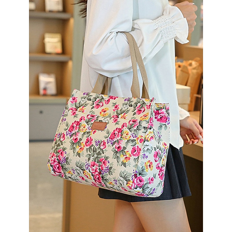 Women's Tote Shoulder Bags Canvas Shopping Casual Casual Daily Zipper Large Capacity Foldable Flower Black White Pink
