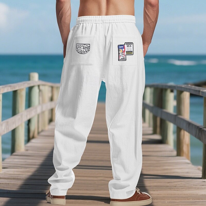 Men's Linen Pants Trousers Summer Pants Beach Pants Drawstring Pocket Elastic Waist Plain Comfort Breathable Vacation Daily Holiday Hawaiian Boho Light Khaki Black4