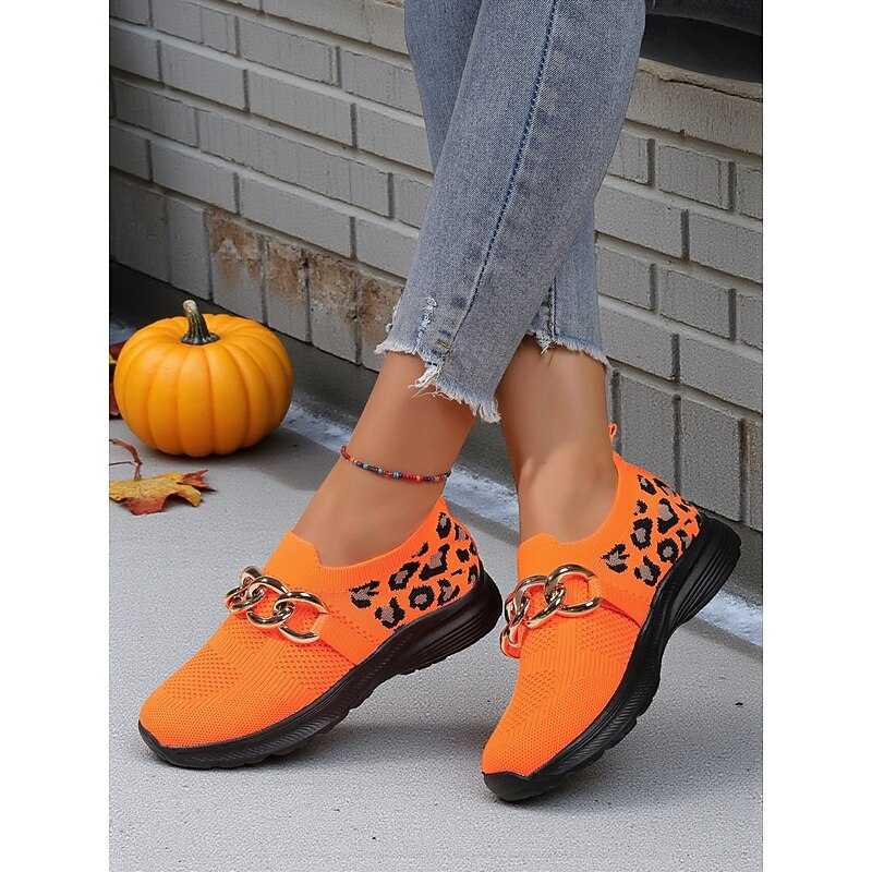Women's Orange Flyknit Slip-On Sneakers with Leopard Print & Chain Detail – Trendy Chunky Sole Shoes for Halloween, Festivals & Streetwear3
