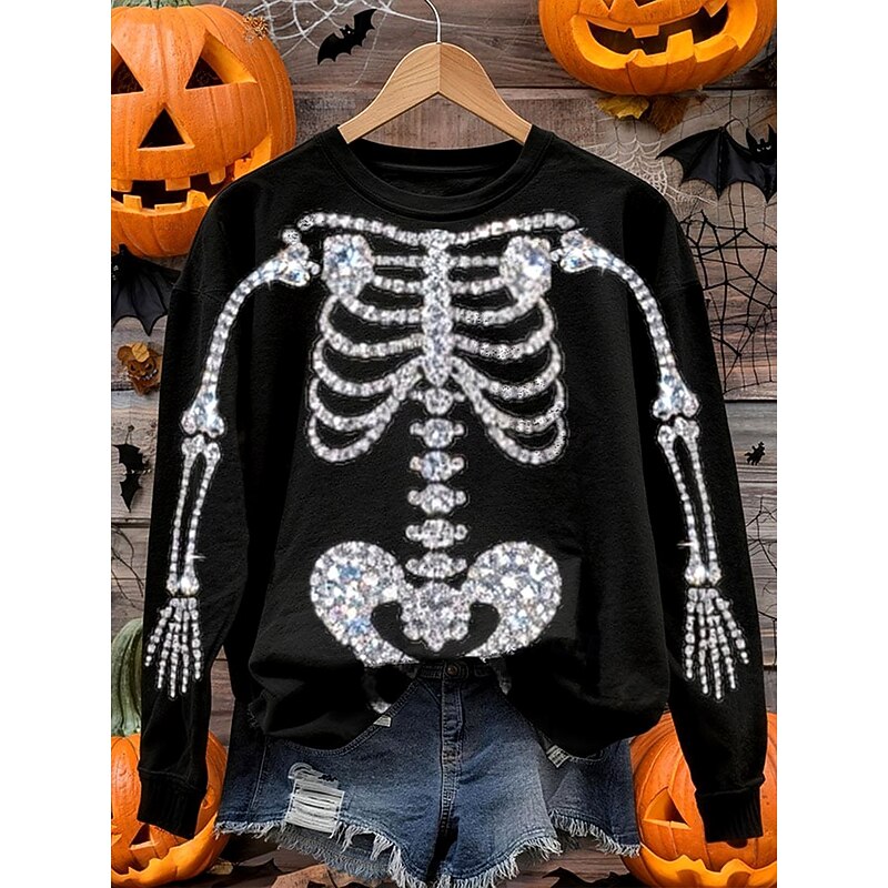 Halloween Women's Pullover Sweatshirt Black Cat Graphic Skull Cat Fashion Casual Long Sleeve Crew Neck Regular Tops Street Dailywear Casual Print Black Purple Orange Light Grey Fall Winter4