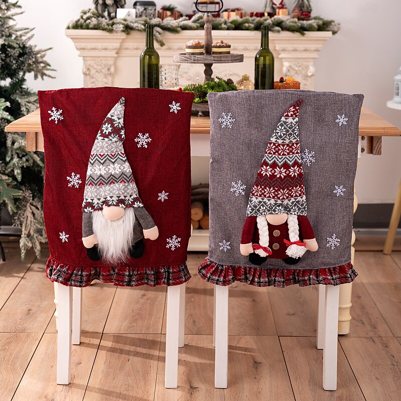 Christmas Chair Cover Holiday Gnome Design 3D Plush Chair Cap Creative Doll Style Stool Protector Festive Christmas Decoration Home Dining Room Party Seating Accessory