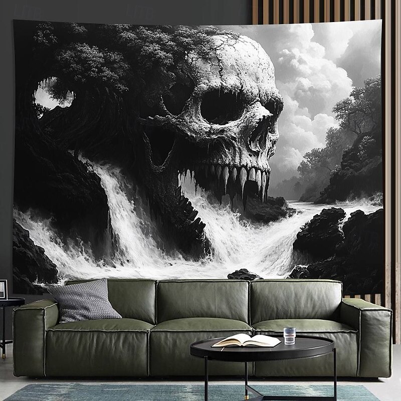 3D Skull Wall Tapestry – Horror Skeleton Breaking Through Wall Design, Gothic Halloween Decor Hanging for Bedroom or Gaming Room3