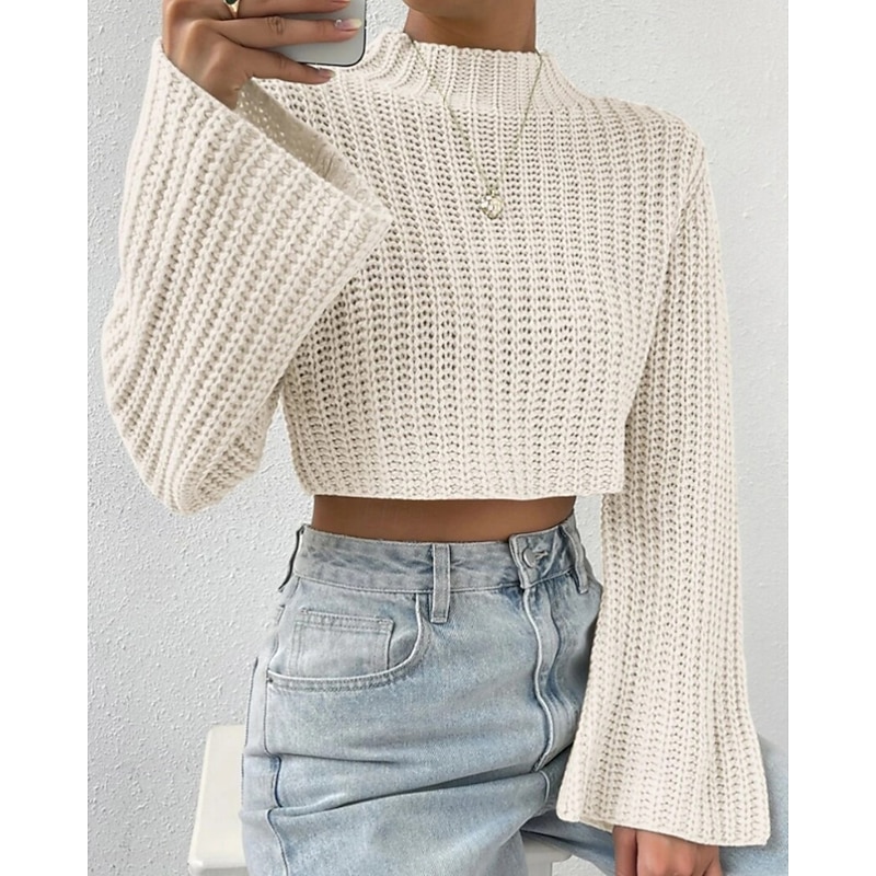 Women's Sweater Casual Solid Color Crochet Crew Neck Knitted Long Sleeve Regular Tops Knit Daily Holiday Going out Camel Green Winter2