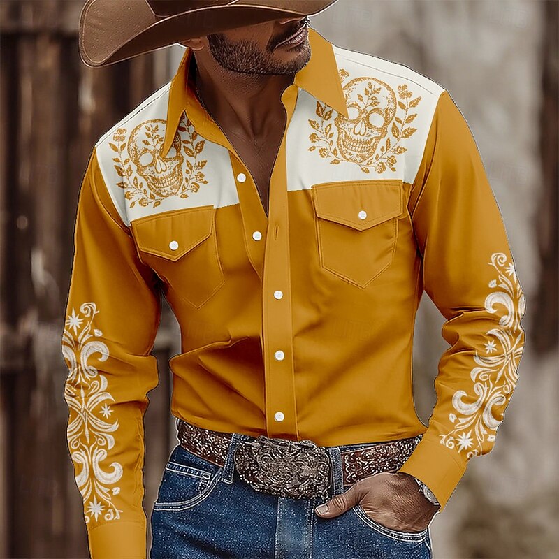 Men's Skull Floral Print Flowers Shirt Western Shirt Cowboy Shirt Long Sleeve Vintage Retro Outdoor Casual WorkWear Spring Fall Turndown Front Two Pockets Linen Like Shirt Button Up Shirts Blue 12