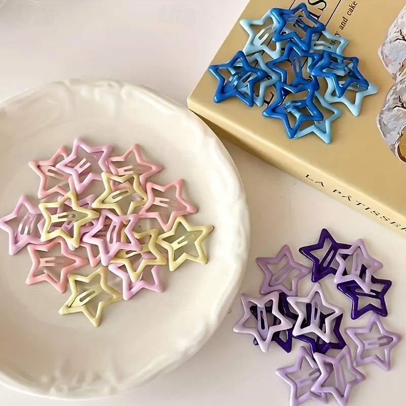 50/100 pcs Assorted Colorful Star-Shaped Alloy Hair Clips Set, Elegant Vintage Style, Lightweight Hollow Design, Fashionable Hair Accessories for Daily Wear and Styling, Perfect for Women and Eid Gifts4