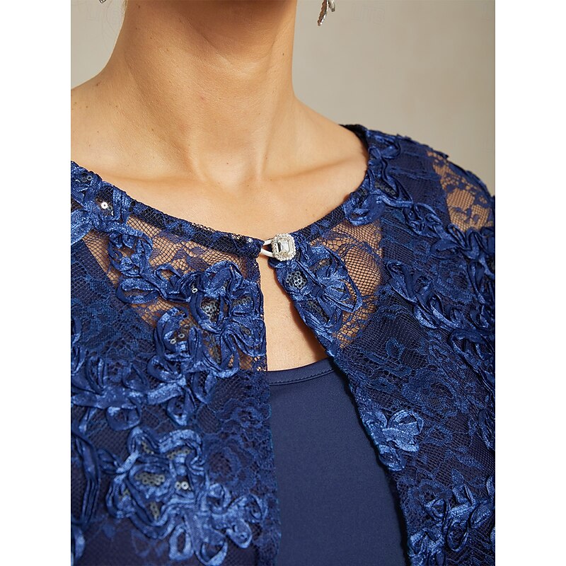 Women's Jacket Blazer Lace Embroidered Sequin Illusion Lace Elegant Floral Formal Anniversary Party Wedding Guest Open Front Short Crewneck Regular Fit 3/4 Length Sleeve Outerwear Navy3
