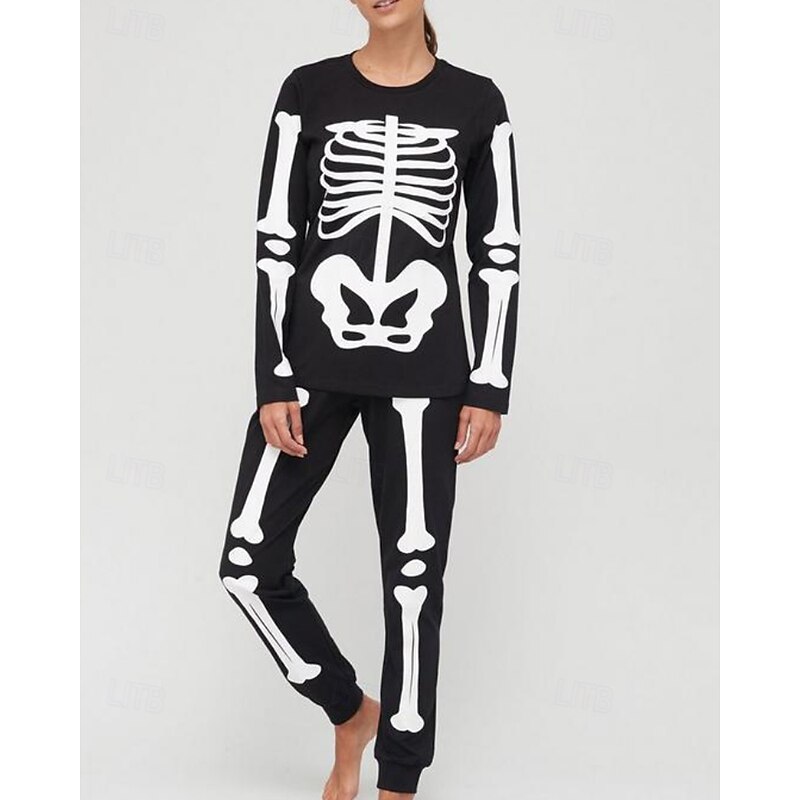 Family Pajamas Skull Halloween pattern Home Print Black Long Sleeve Active Matching Outfits2
