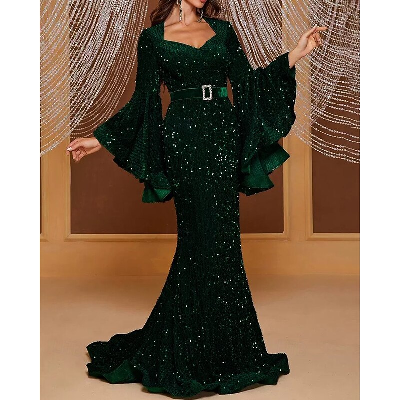 Black Sequin Velvet Mermaid / Trumpet Evening Gown Elegant Dress Formal Wedding Floor Length Long Sleeve Sweetheart Pink Dress Sequined with Ruffles 20254