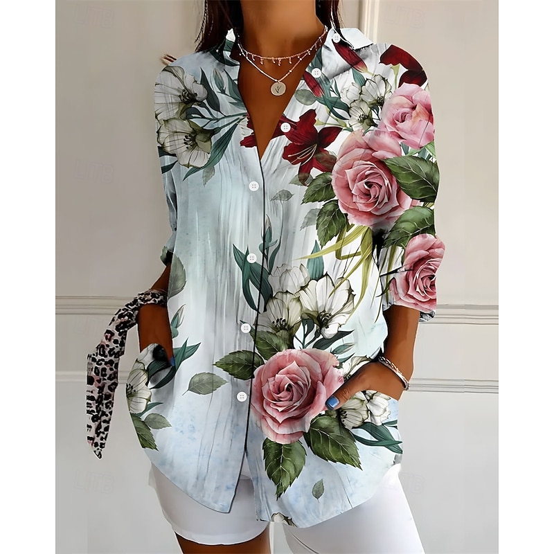 Women's Shirt Floral Active Daily Stylish Long Sleeve Shirt Collar Regular Tops Daily Holiday Buttons Print Light Blue Spring Fall