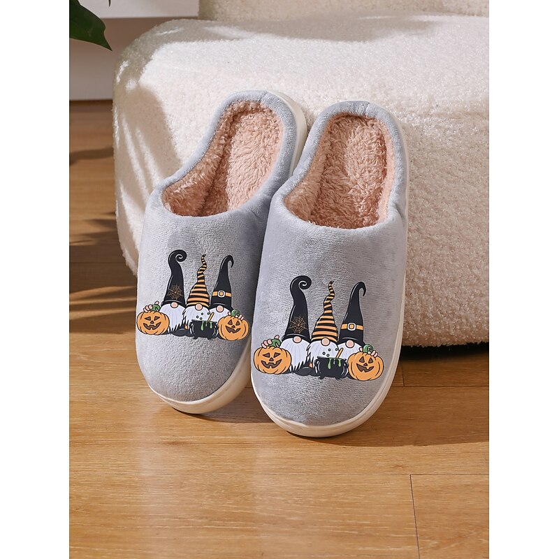 Women's Halloween Gnome Slippers with Plush Lining - Cozy Indoor House Shoes with Pumpkin and Witch Hat Print for Fall, Couples and Holiday Gifts3