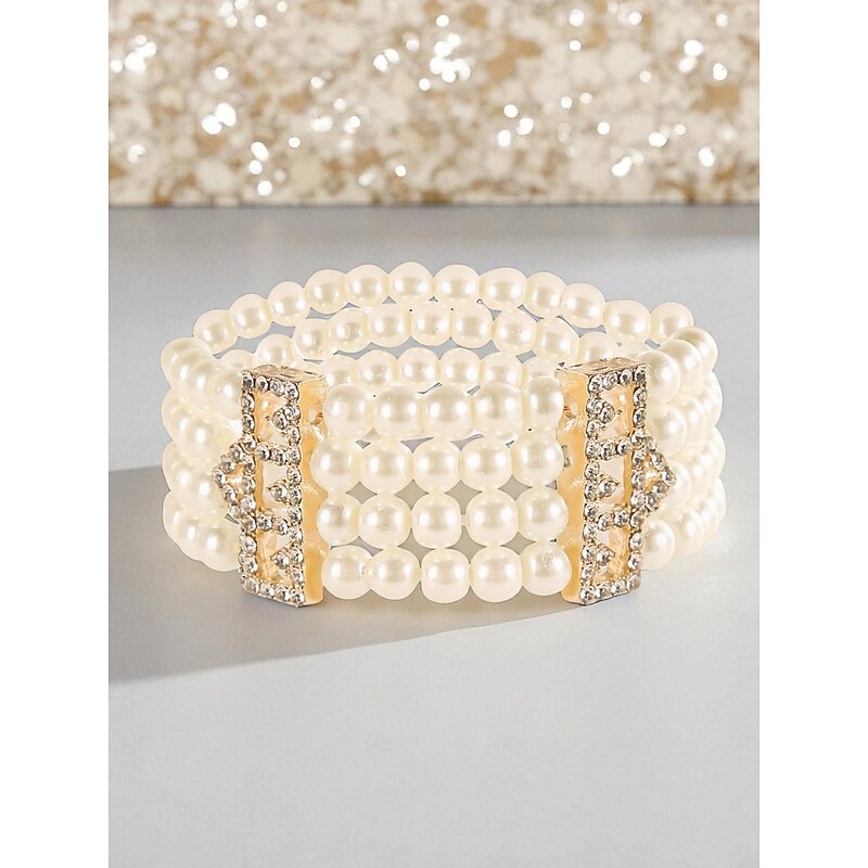 Women's Multi-Row Pearl Beaded Bracelet with Crystal Accents, Vintage 1920s Gatsby Style Jewelry for Cocktail Parties4