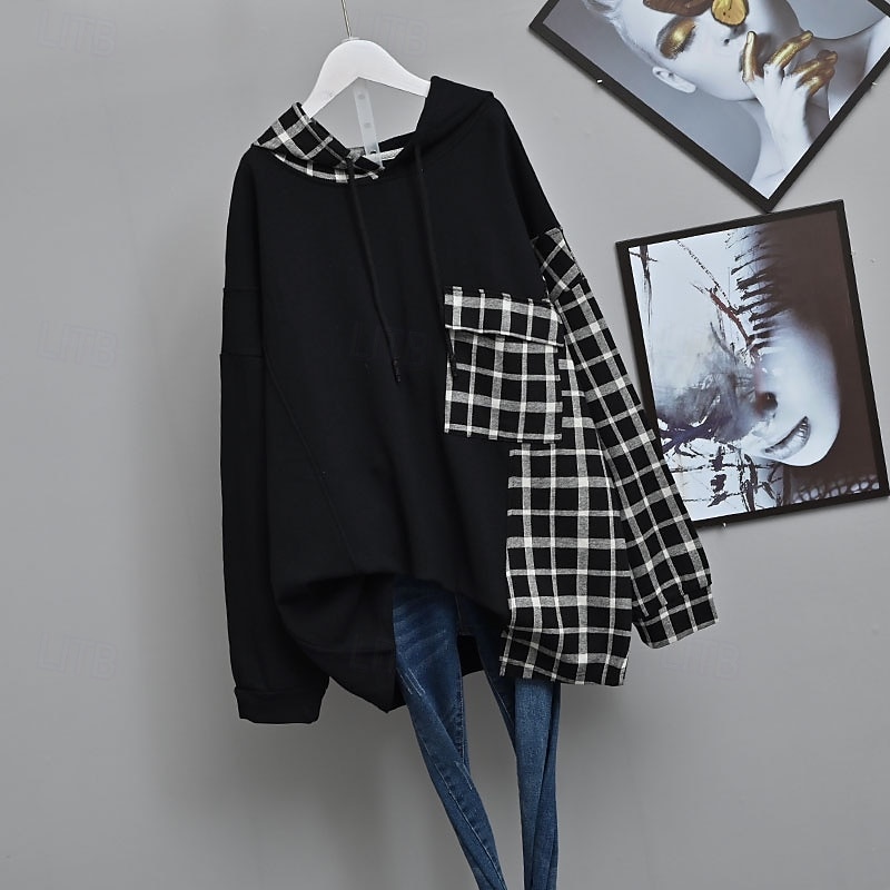 Women's Pullover Hoodie Sweatshirt Plaid Streetwear Casual Long Sleeve Hooded Regular Tops Street Holiday Patchwork Pocket Black Gray Fall2