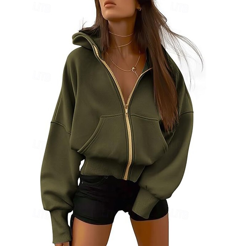 Women's Zip Up Hoodies Plain Streetwear Casual Long Sleeve Hooded Regular Tops Street Going out Zipper Pocket Light Pink Black White Navy Blue Army Green Fall Winter4
